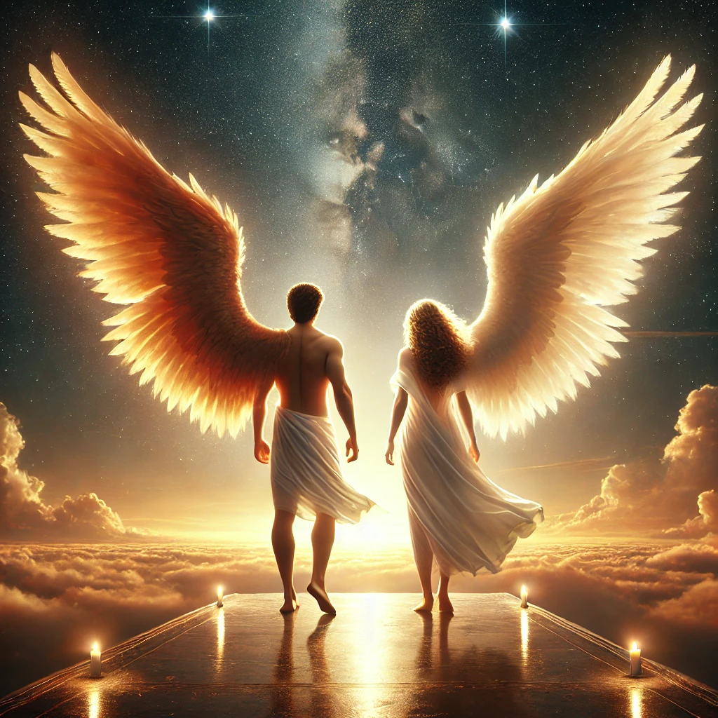 DALL·E-2025-05-13-17.47.00-An-epic-and-realistic-digital-painting-of-two-angels-standing-on-a-glowing-platform-in-the-sky.-Each-angel-has-a-pair-of-wings_-the-male-angel-has-two Sny i ich przesłanie